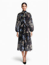 Schwarzes bedrucktes Maxikleid mit Laternenärmeln und Bindeband